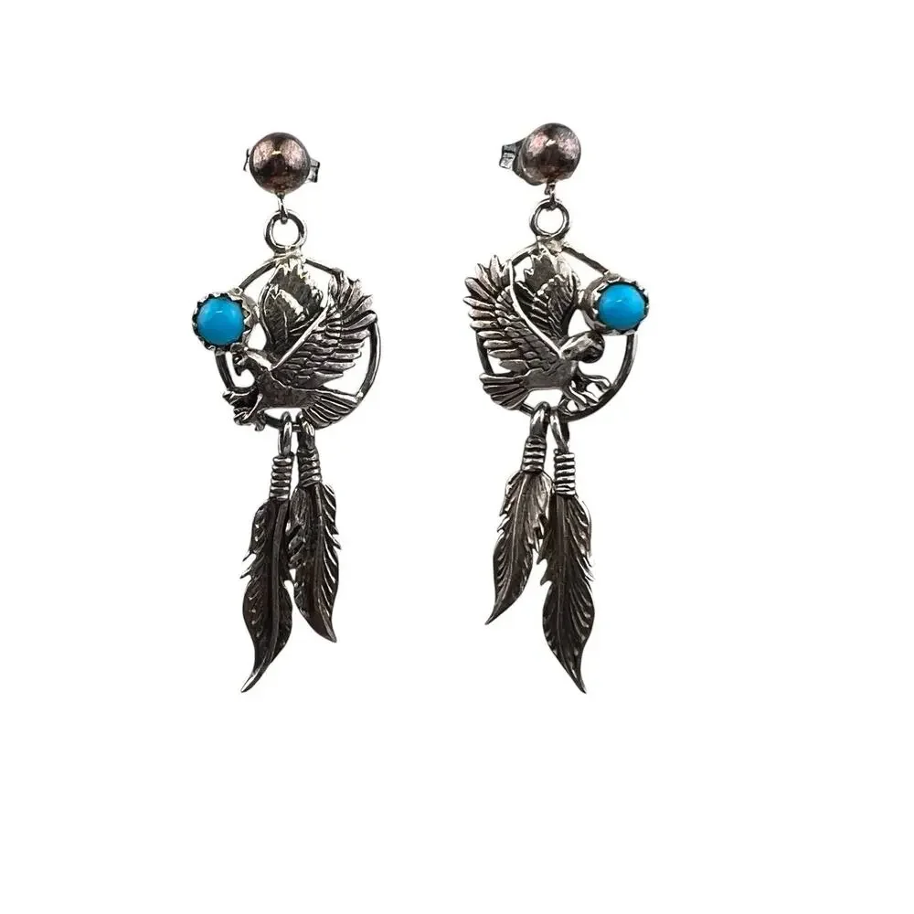 Southwest Style Sterling Silver Pierced Earrings Turquoise Feathers Eagle